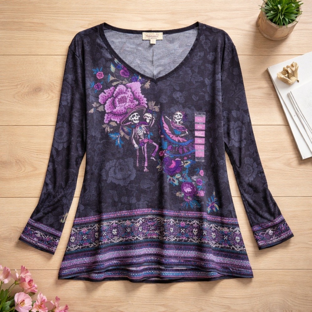 One World XXL Dancing Dead Charcoal V-Neck Long Sleeve Top Mardi Gras 2XL NWT